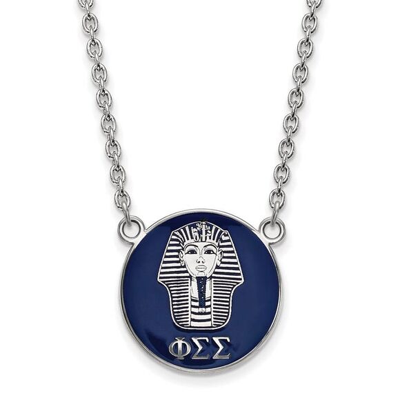 Sterling Silver Phi Sigma Sigma Large Navy Enamel Sphinx Disc Necklace - Picture 1 of 4
